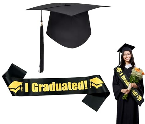 KUIRUNRX® Abschluss Hut, 2pcs Abitur 2025 Deko, Schwarz Bachelor Hut mit Abschluss Schärpe für Abschlussfeiern Abschluss Abitur Graduation Party Deko