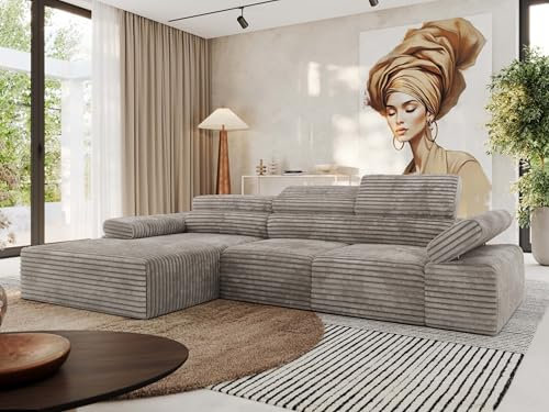 MKS MEBLE Ecksofa mit relaxfunktion elektrisch, Sofa L-Form - Rilasso - Hellbraun Cord Links
