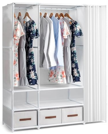 LEADZM Kleiderschrank offen mit Vorhang, Kleiderständer freistehende Garderobe mit Kleiderstangen, Stoffschubladen 144 x 45 x 166 cm (Weiß, 144x45x166cm)
