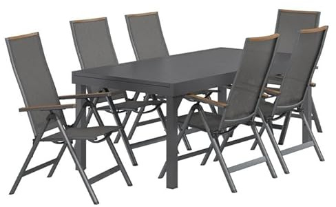 OUTLIV. Gartenmöbel Set Jacob Aluminium Textilene 6 Klappsessel Tisch 200–320x100,5 cm ausziehbar, dunkelgrau anthrazit Holzoptik