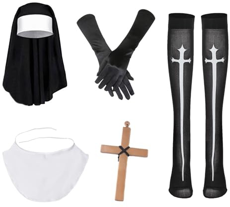 YJZQ Nonne Kostüm Damen Nonnen Outfit Zubehör mit Nonnen Kopfbedeckung, Schal, Kreuz Halskette, Handschuhe Kloster Schwester Kleidung Rollenspiel Zubehör für Halloween, Karneval, Mottoparty, Cosplay
