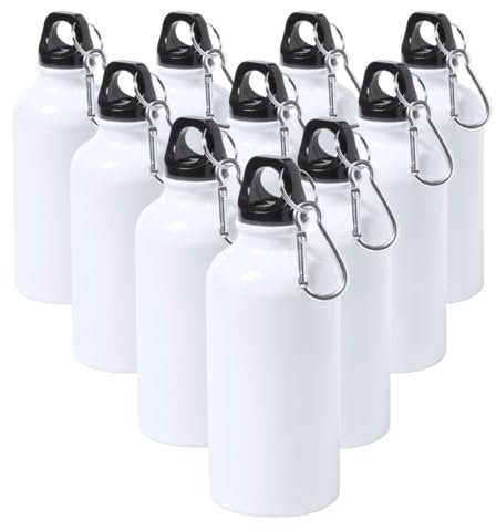 Genérico Lot de 20 bidons en aluminium pour sublimation - 400 ml avec mousqueton - Bouteilles blanches portables avec bouchon à vis - Bidon à sublimer