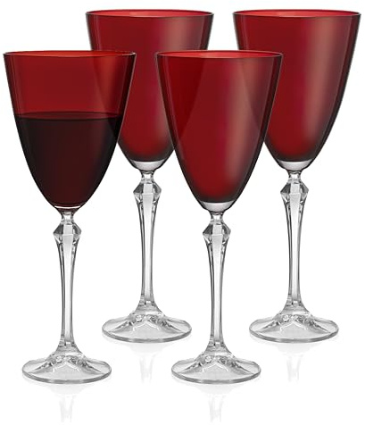 Barski Weingläser, 4 Stück, Rubinrot (Rot), für Wasser, Weiß- oder Rotwein, 250 ml, transparenter Stiel, hergestellt in Europa