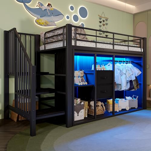 Dolamaní Hochbett 90x200 cm mit Treppe, Bettgestell Metall, Multifunktionaler Stauraum- 2 Schubladen, offener Kleiderschrank, mehrfarbige LED-Beleuchtung, mehrere Staufächer (Schwarz)