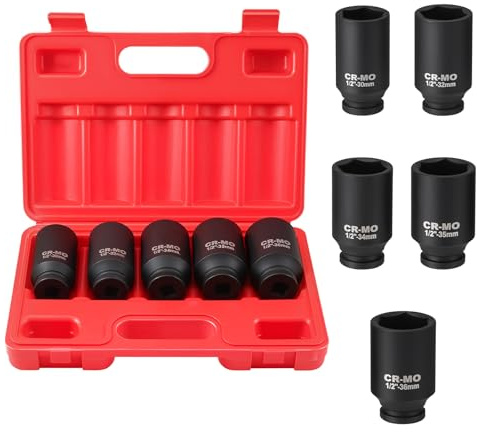 Gueenky 5 Pièces Douille à Choc Hexagonales, 1/2'' Douille Clé à Choc 30/32/34/35/36 mm, Coffret de Douille à Choc 6 Pans pour Réparation de Voitures Changement de Pneus
