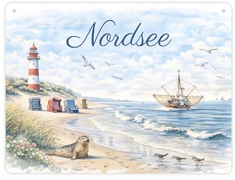 Nordsee Leuchtturm Souvenir Metallschild XL in 21x28 cm für Küstenliebhaber Maritimer Spruch Blechschild mit Küstenflair