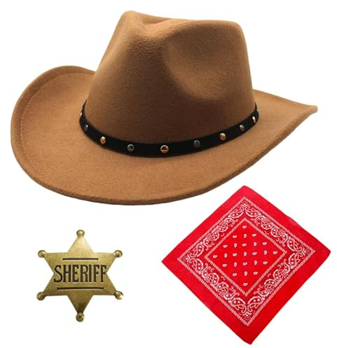 Amycute Cowboy Zubehör Set Herren Damen, Western Cowboy Cosplay Kleidung Kit Schwarz Braun Hut Bandanas Western Outfit für Karneval Fasching Halloween Party Kostümpartys Mottopartys