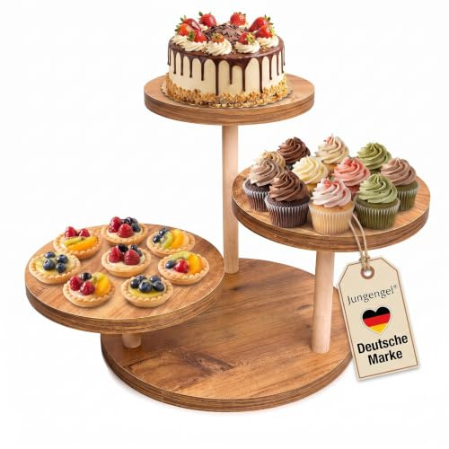 Jungengel Etagere 3 Etagen Tortenständer Holz Ø 22 cm stabil | Cupcake-, Muffin- & Obstständer für Buffet, Candy Bar & Feiern. Werkzeugloser Aufbau, 3 versetzte Ebenen, Farbe Holz
