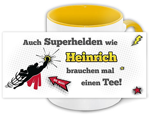 Namens-Tasse Heinrich mit Superhelden-Motiv für Teetrinker, gelb/weiss