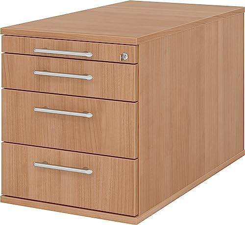 bümö Rollcontainer mit Schubladen, Container abschließbar aus Holz in Nussbaum - Rollwagen für's Büro als Schreibtisch Unterschrank, Bürocontainer od. Schreibtischcontainer mit Relinggriffe