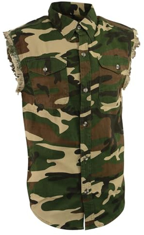 Milwaukee Leather DM4010 Men's Camo Lightweight Denim Shirt with Vintage and Frayed Sleeveless Look - 5X-Large