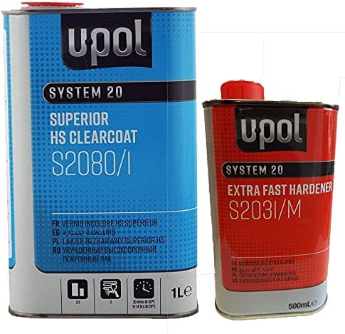 U-POL 1.5lt Clear Lacquer Kit S2080 2K HS Acrylic 1 Litre Clearcoat Lacquer + UPol S2031 Extra Fast 0.5 Litre Hardener Activator
