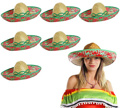I LOVE FANCY DRESS SOMBREROS MEXICANOS DE PAJA CON PADRON VERDE Y ROJO PARA ADULTOS PERFECTO PARA FIESTAS TEMATICAS (6 UNIDADES)
