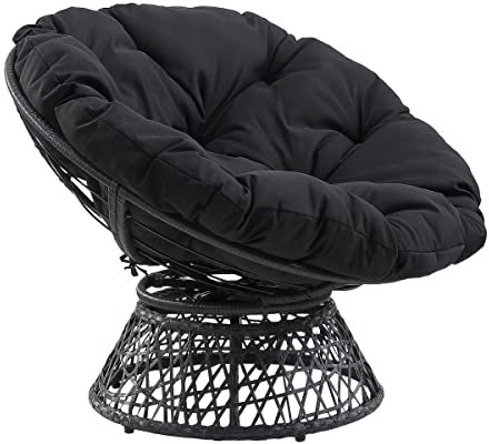 OSP Home Furnishings Wicker Papasan Chair with 360-Degree Swivel, Grey Frame with Black Cushion