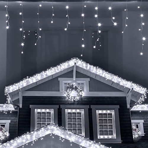 ANSIO® Outdoor Christmas Lights 220 LED 7.5m/24ft Icicle Lights Outdoor & Indoor Cool White Decorations String Fairy Outside Lights with Timer for Xmas Garden Bedroom & Party|Mains Powered White Cable