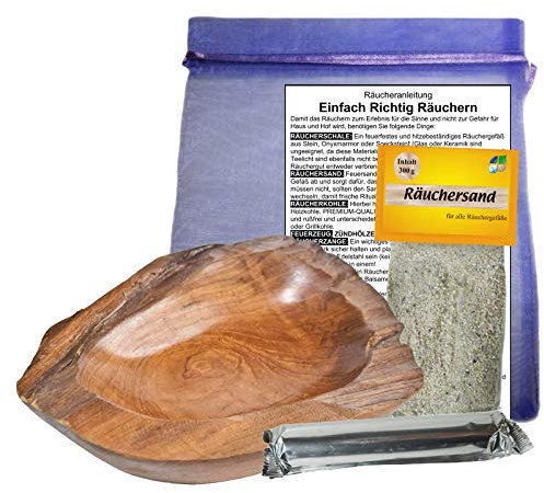 RÄUCHERSCHALE (XL) Wurzel Holz 5-tlg Räucher-SET - SMUDGE BOWL Räuchergefäß für Räucherwerk Räucherungen Räuchermischungen Räucherstäbchen. Mit Räucherkohle + ZUBEHÖR + Tasche. 81007-1XL