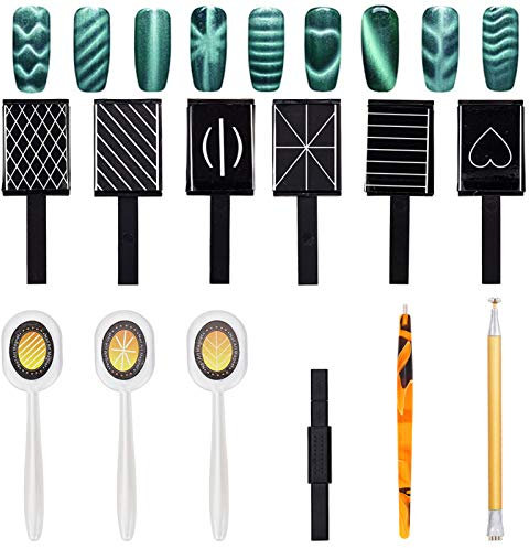NICENEEDED 12 Pcs Nail Magnet Tool Set, 3D Cat Eye Gel Nail Polish Magnetic Stick, Strong Magnet Nail Art Pen Magnet Plate Wand Board Manicure Tool for Women Girls Salon Home Cat Eye Effect