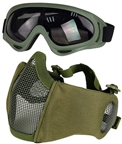 Yzpacc Airsoft Maske mit Schutzbrille, Faltbare Half Face Airsoft Mesh Maske mit Ohrenschutz für Paintball Shooting Cosplay CS Spiel (Grün)