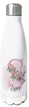 GRAZDesign Trinkflasche Edelstahl personalisiert Name, auslaufsicher Einschulung Geschenk, Thermosflasche Sportflasche Kinder/Erwachsene 500ml Pfingstrose und Eukalyptus