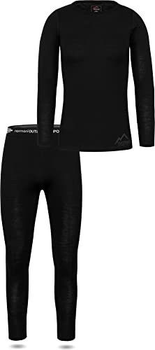 normani Damen Merino Unterwäsche-Set Garnitur (Langarmshirt Unterhemd und Unterhose) 100% Merinowolle Thermounterwäsche Ski-Funktionsunterwäsche Farbe Schwarz/Rundhals Größe XXL