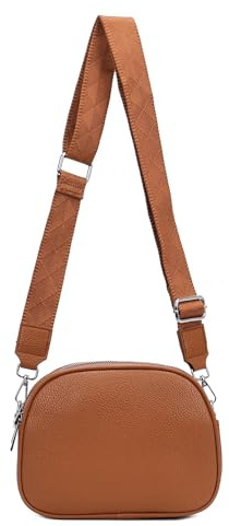 ITALYSHOP24 OBC Damen Tasche Crossbody Umhängetasche Bodybag Schultertasche Metallic Handytasche Crossover Damentasche Schmucktasche Handtasche Reise Kunst-Leder Cognac
