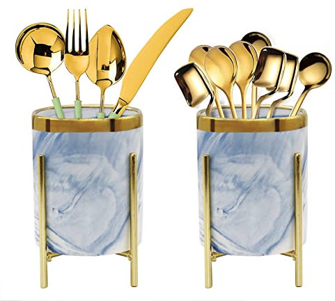 Rotating Marble Utensil Holder for Kitchen Countertop, Spoon Holder for Dining Table, Marble Ceramics with Durable Metal Frame 3.15 * 4.7 inch Blue and Gold 2 PCS