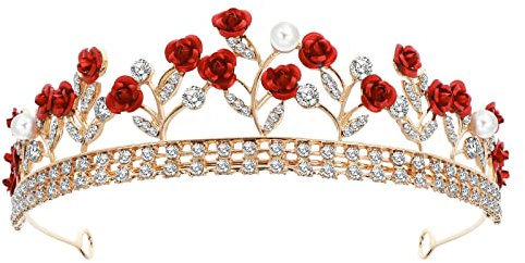 Sibba Crowns Tiara Headband Princess Queen Fairy Prom Birthday Red Gems Flower Rhinestone Bling Golden Crown Headpiece Hair Band Pageant Christmas Wedding Bride Headwear For Women Adult
