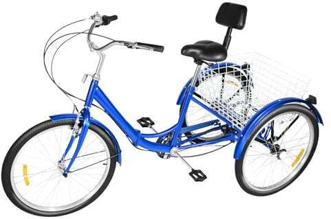 ROMYIX 24Zoll 7Gang Dreirad für Erwachsene mit Korb 3-Rad Erwachsene Senioren Dreirad Fahrrad Dreirad Cruiser Bikes für Outdoor-Sportarten (Blau/faltbar)