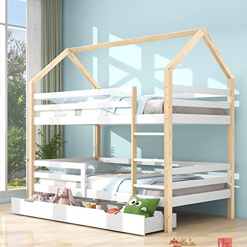 SOFTWEARY Etagenbett mit 2 Schlafgelegenheiten, Rollrost, Schublade und Leiter, 90x200 cm, Hochbett, Holzbett aus Kieferholz, Hausbett inkl. Rausfallschutz, Kinderbett