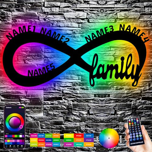LED - RGB Farbwechsel - Family bis 5 Namen Unendlichkeitszeichen mit 16 LED Farben USB App Bedienung personalisiert mit Wunschnamen - Familie - Love MAMA PAPA