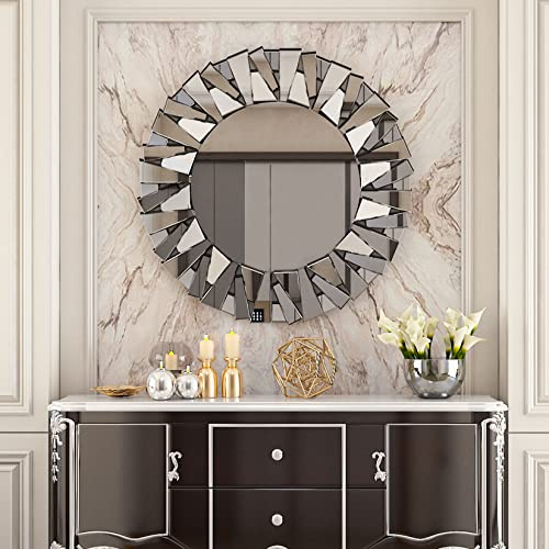 Round Wall Mirror Elegant Artistic : 80cm Sunburst Mirror Beveled Edge 5mm Premium Glass Wall Mount Hanging Mirrors Decorative for Home