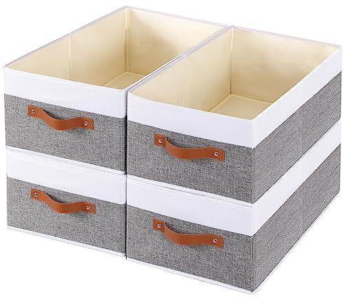 YheenLf 4 Stück Faltbare aufbewahrungsbox, Stoffboxen Aufbewahrung mit Griffen, Schrank Organizer, Aufbewahrungskorb für Kleidung, 41×25×16.5cm, Weiß und Grau