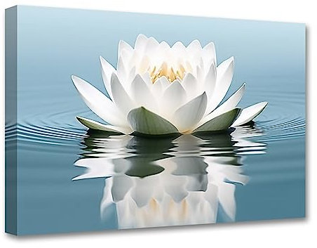 LZIMU Zen Leinwandbilder weiße Lotusblume Blüte im Wasser Kunstdrucke blaugrünes Kunstwerk Badezimmerdekoration für Yoga Spa Meditationsraum (Zen-3,(50.00 x 75.00 cms))