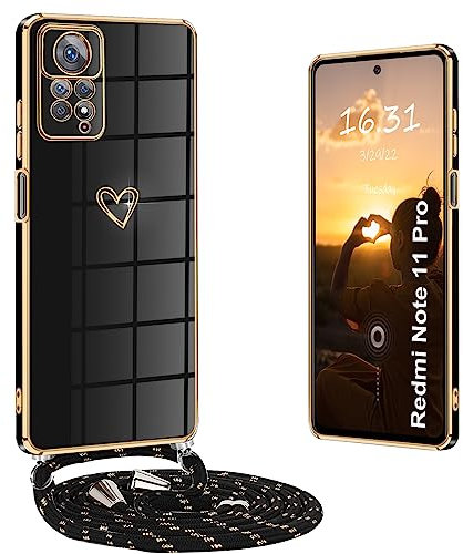 Yutwo Funda para Redmi Note 11 Pro 4G/5G con Cuerda, Fundas para Redmi Note 11 Pro 4G/5G con Colgante Patrón de Corazón Carcasa Silicona Antigolpes Funda para Xiaomi Redmi Note 11 Pro 4G/5G, Negro