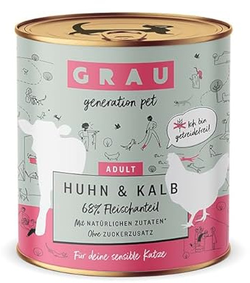 GRAU – das Original – Nassfutter für Katzen - Huhn & Kalb, 6er Pack (6 x 800 g), getreidefrei, für Erwachsene Katzen