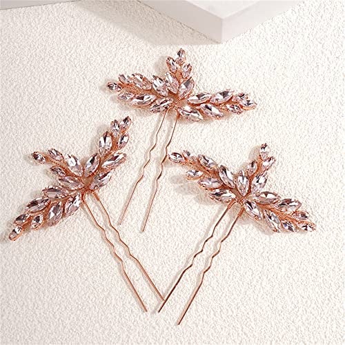 BERYUAN Forcine per capelli da sposa in oro rosa con strass, a goccia, con strass, forcine per capelli da sposa, per spose e damigelle d'onore (oro rosa)