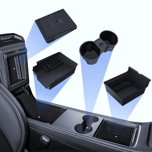 LANTU 4 Pcs Zubehör für Tesla Model Y 2021-2024 und Model 3 2021-2023, Mittelkonsole Organizer, Armlehne Aufbewahrungsbox, Versteckte Aufbewahrungsbox und Getränkehalter Tesla Zubehör