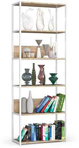 AKORD Industrielles Regal 70 cm | | Loft Bücherregal | Moderner Schrank | Bücher Regal | 6 Einlegeböden | Funktional Stabil | B70 x H192 x T32 cm | Gewicht 24,50 kg | Weiß/Sonoma Eiche