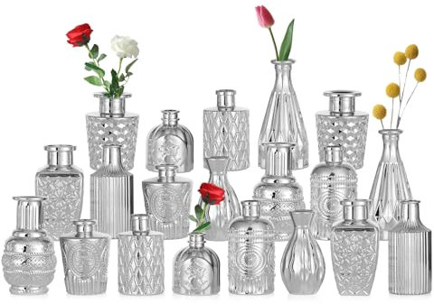 Glasseam Kleine Vase Silber, 20er Deko Vasen Set, Glasvase Klein, Blumenvase Modern Vasen Glas für Hochzeit Tischdeko, Mini Vase Aesthetic für Wohnzimmer Tisch Weihnachten Dekoration Tischvasen