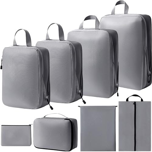 YESLUSY 8-Teilig Koffer Organizer Set mit Kompression, Packing Cubes Kleidertaschen für Koffer und Rucksack, Packwürfel Ultraleicht, Reise Organizer mit Kosmetiktasche, Schuhbeutel