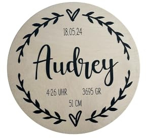 Geschenk zur Geburt, Holzschild Kind, Wanddeko, Name, Baby, 30cm ø, Türschild, personalisiert Geburtsschild, Geschenk für Mädchen