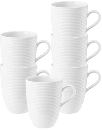 Seltmann Weiden Beat Becher mit Henkel 6er Set, 350 ml, Kaffeebecher mit Rillen-Relief, Porzellan, Weiß