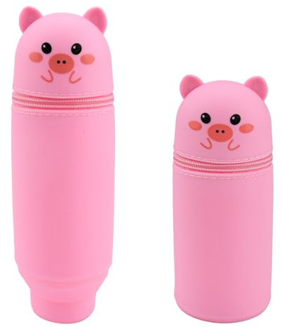 HEKOBAG Kawaii Federmäppchen 2 in 1 Stifteköcher Silikon Mäppchen Tier Kawaii Schlamppermäppchen Rosa Niedliches Stand up Federmäppchen Cartoon Bleistifthalter für Mädchen Schülerin Teenager Schule