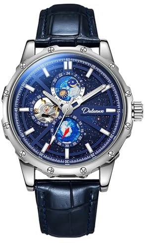 FORSINING Männer Mechanische Uhr Moon Phase Skelett Automatische Armbanduhr Lederarmband Leuchtende Sternenhimmel Big Dial Casual Uhren, Blau