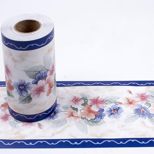 Jodimitty PVC Wallpaper Border Self Adhesive 10 Meter x 10cm Floral Pattern Peel Stick Waistline Trim Wall Border for Living Room Bedroom Decoration (Blue White Floral)