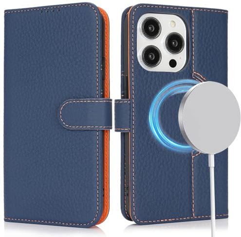 ELTEKER Mobile Phone Case for iPhone 14 Pro, Leather Flip Case [Genuine Leather], Protective Case with Card Slot, Leather Case for iPhone 14 Pro - Dark Blue