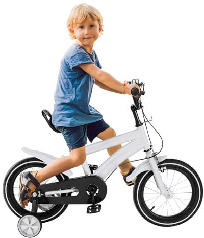 TONFEION Kinderfahrrad, 14 Zoll Outdoor Sportlich Kinder Fahrrad mit Stützrädern, Hilfsrad und Duales Bremssystem, Höhenverstellbar, Tretfahrrad für ab 2-4 Jahre Jungen und Mädchen (Weiß)