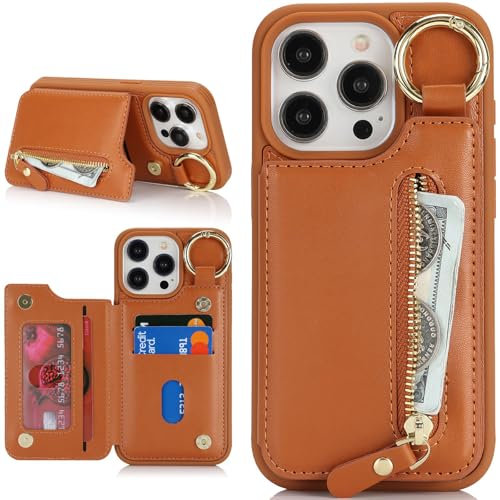 Zouzt for iPhone 15 Pro Max 6.7 Inch Wallet Case with Card Holder for Men Women, PU Leather Kickstand Credit Slots Case, Key Ring Flip Zipper Stand Shockproof Protective Phone Cover - Brown