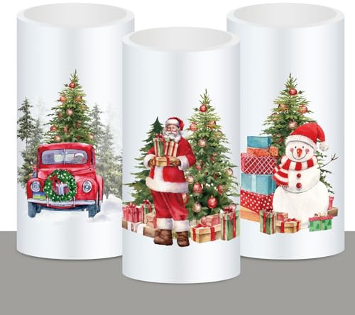 Whaline Christmas LED Flameless Candles Santa Snowman Tree Warm Light Battery Operated Pillar Candles Xmas Watercolor Electric Flickering Candle for Party Home Decor, Set of 3