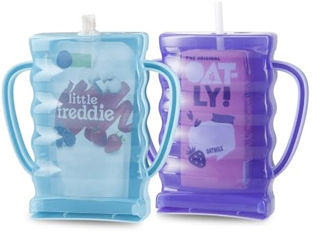 PandaEar 2 Pack Pouch Holder No Squeeze, Baby Food Pouch Juice Boxe Holder with Handle for Food Pouches and Drinks, Blue/Purple